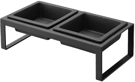 YAMAZAKI 4745 Futternapfset mit Ständer für Katzen und kleine Hunde, je 300 ml, Stahl, Keramik, Schwarz, L 29 x B 15,5 x H 10 cm