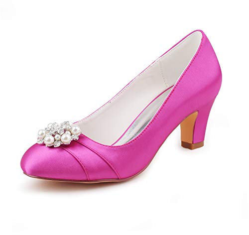 Emily Bridal Scarpe da Sposa Décolleté Tacco Grosso in Raso di Seta da Donna con Cristalli (EU38, Fucsia)