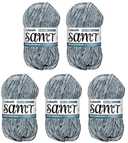 myboshi Häkel- und Strickgarn | Velours | Chenillegarn | Plüschwolle | 5 Knäuel Garn | 894 Delfin - Grau Blau