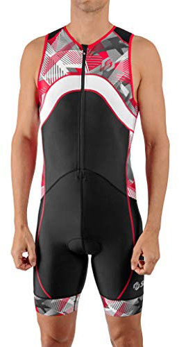 SLS3 Triathlon Einteiler Herren | FX Trisuit | 2 Taschen | Wettkampf | Frontreißverschluss | Schwarz (Black/Red Geo, XL)