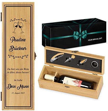 Maverton - Vino Tinto - Set de Vino Personalizado - Caja de Bambú Natural con Sacacorchos 2 Tapones y Anillo Antigoteo - Acabado Brillo Satinado 36 x 11x11 cm- Regalos para Dia de la Madre - Viejo