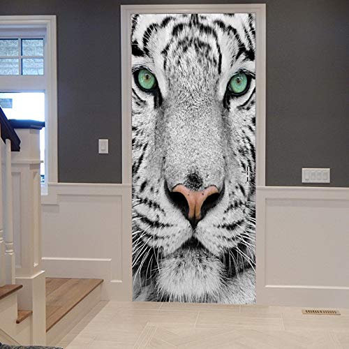 A.Monamour Türtapete Selbstklebend Türfolie Türposter 3D Weiße Tiger Gesicht Porträt Fotografie Wildes Tier Thematisiert Vinyl Folie Türdeko Tapete Wandbild Türaufkleber Türtattoo 90 x 200 cm