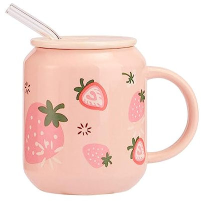 BESPORTBLE Ceramic Coffee Mug with Lid Straw Cute Strawberry Travel Mug Japanese Style Ceramic Mug Fruit Design Straw Cup for Water Tea Drinks