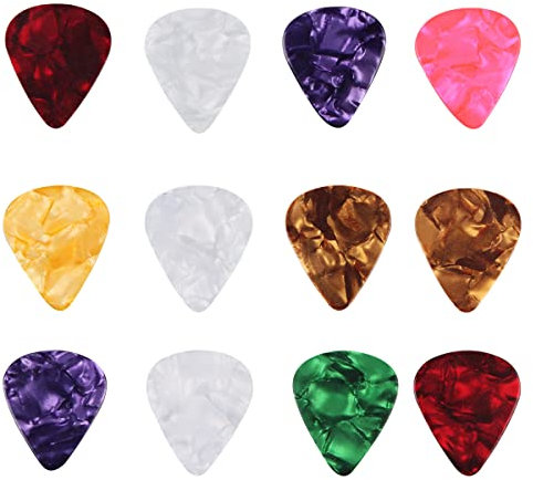 Plektrum Akustikgitarre, FainFun Abriebfestem Celluloid Plektren für Gitarre, E-Gitarre, Bass und Ukulele, 12 Stück Mix Gitarrenplektren Set, 4 Verschiedenen Stärken Plektren, Gitarren Picks