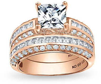 Personalisieren Sie 3Ct Art Deco Stil Blauer Quadratischer Prinzessinnenschliff Solitär Klarer Aaa Cz Verlobungsring Hochzeit Ring Set Rosengold Überzogen .925 Sterling Silber Anpassbar