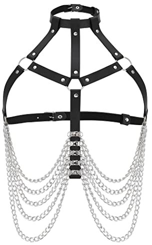 Zookey Punk Leder Körperkette Schwarz Leder Taillenkette Gothic Rave Brust Kette Gürtel Nachtclub BH Schmuck für Frauen und Mädchen