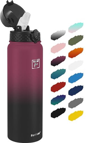 Fanhaw 1L Stainless Steel Insulated Sports Water Bottles with Straw for Kids, Men and Women(Red Black)