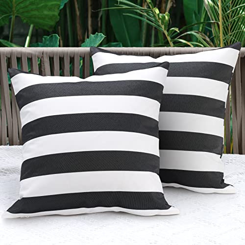 Lewondr Outdoor Kissenbezüge, 2 Stück 45x45cm Quadratische Streifen Wasserdicht Kissenbezüge für Outdoor Terrasse Veranda Bauernhaus Garten Balkon Couch, Schwarz Grau & Weiß