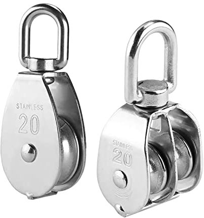 Zasjon 2 Pieces M20 Pulley Block, 304 Stainless Steel Pulley Roller, Single Double Pulley Wheel Roller Pulley System for 1-8mm Ropes, Safe Loading up to 75kg/165lbs