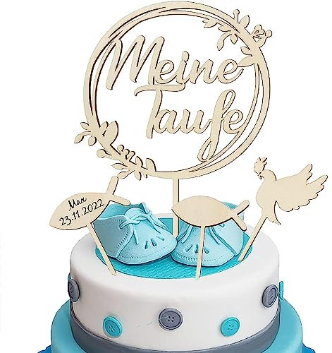 4 Pcs Cake Topper Taufe Holz, Tortendeko Taufe für Junge Mädchen Meine Taufe Torten Topper Taube Fisch Kuchen Deko für Babyparty, Babydusche Taufe Deko