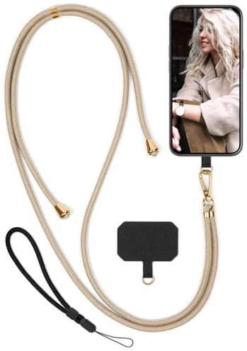 moex Unleash für Asus Zenfone 10 Handyband zum Umhängen ohne Hülle, Handykette Universal mit Karabiner, Handy Band abnehmbar, Kette mit Pad für Handyhülle, Beige, Gold