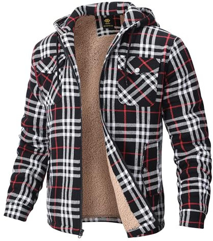 MoFiz Homme Veste Chemise Flanelle à Carreaux Doublée Chaude Blouson d'hiver Coton Chemise de Bûcheron Travail Manches Longues avec Capuche et Cinq Poches Noir XL