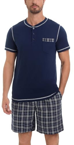 Litherday Pyjama Homme Ete Coton Ensembles de Pyjamas à Manche Court Vêtements de Nuit Courte à Carreaux Respirant Confortable Doux Deux Pièces Bleu Foncé + Jaune M