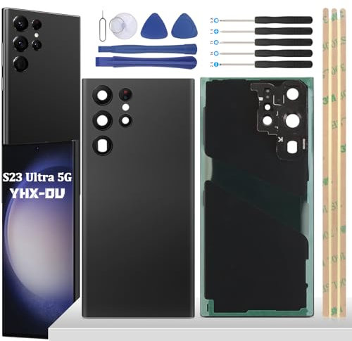 YHX-OU Noir Couvercle de Batterie pour Samsung Galaxy S23 Ultra 5G Coque arrière de Batterie de Rechange, Cache Batterie avec Lentille de Caméra pour Galaxy S23 Ultra 5G + Outils