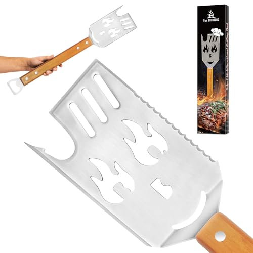 FUN OUTDOORS 5 in 1 Grillspachtel mit Wender, Schaber - Edelstahl Grillwender Spatula mit Holzgriff - Burger & BBQ Grillbesteck Spachtel - Grill-Zubehör, Utensilien, Geschenke für Grillfans & Männer