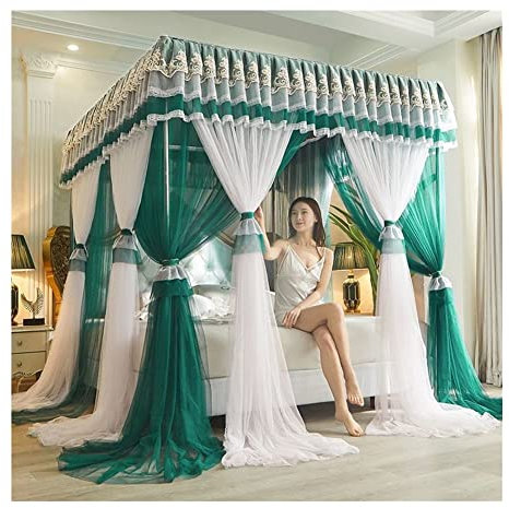 4 Ecken Pfosten-Himmelbett-Vorhang, Prinzessin, Bestickte Spitze, Rüschen, Betthimmel, Betthimmel-Vorhang Für Mädchen Und Erwachsene, Doppellagiges, Durchsichtiges Netz-Moskitonetz (C 180 X 200 cm