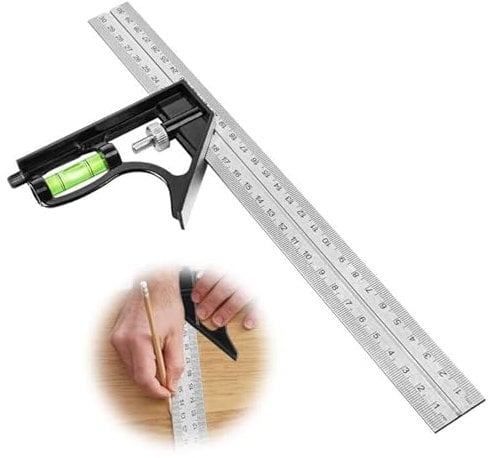 flintronic Kombinationswinkel 300mm, Anschlagwinkel mit Wasserwaage und Anreissnadel, 45 90 Grad Winkel Anschlagwinkel Metall, Universalwinkel Messwerkzeug zum Präzisen Messen & Markieren
