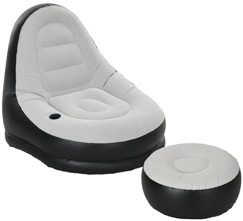 Outsunny Aufblasbares Sofa, Aufblasbarer Sessel mit Fußhocker Luftsofa mit Becherhalter, für Camping, Zuhause, Hellgrau, 125 x 100 x 87 cm