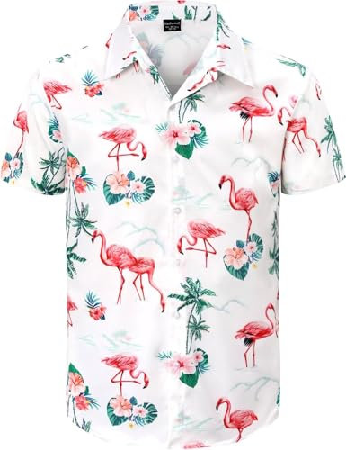 Fashonal Chemise hawaïenne boutonnée à manches courtes Aloha pour homme, Flamant rose blanc, Taille 4XL