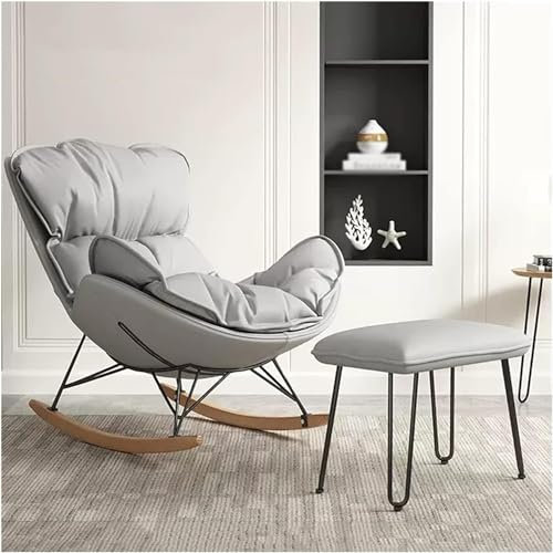 FLORIG Freizeit-Sofa-Gleiter-Schaukelstuhl mit hoher Rückenlehne, Sessel mit Ottomane für das Wohnzimmer, Schaukelstuhl aus Mikrofaser-Leder mit Beinen aus Massivholz