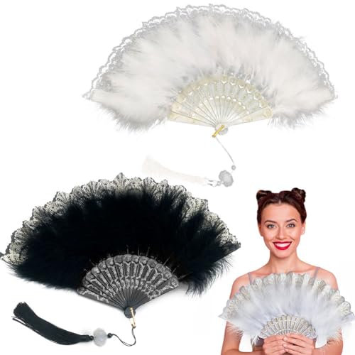 Feather Fan Handheld 20s Vintage Folding Fan 1920s Vintage Style Folding Handheld Feather Fan Halloween Dancing Wedding Party Prom Tea Party Halloween Dress up Costume Black and White