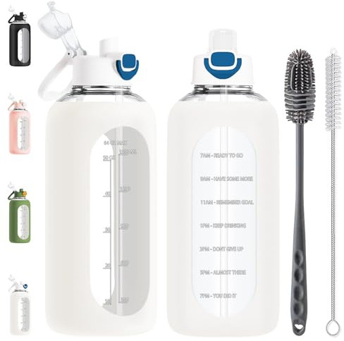 RNCKUUE Borraccia in vetro borosilicato da 2 litri con cannuccia, grande bottiglia in vetro borosilicato con custodia, spazzola, bianco