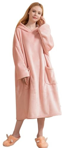 Michorinee Plaid a Capuche Femme Homme, Sweat à Capuche Portable Super Chaud en Sherpa, Confortable Polaire Pull Couverture à Capuche Adulte avec Deux Poches | Rose