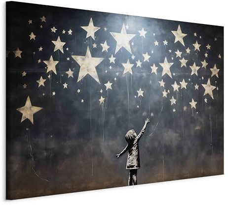 murando - Wandbilder XXL Banksy art 120x80 cm 1 tlg - Wand Deko Leinwand Bilder Groß Wanddeko Wohnzimmer Schlafzimmer Kunstdrucke - Mädchen vor dem Hintergrund der Sternschnuppen Schwarz h-H-10032-b-a