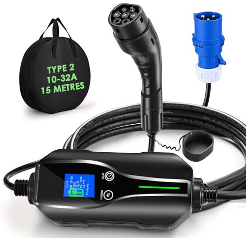 FNRIDS 7kW EV Charger Type 2 to CEE Plug, Electric Car Charger Max. 7.2kW, 10/16/20/24/32A Adjustable Current Type 2 Charging Cable, 1-12H Delayed Timer, with OLED Display&Commando Socket-6M
