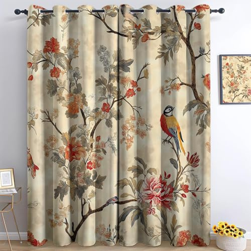 Rideaux Occultants Chambre Fleur de Style Chinois élégant Motif 3D Imprimé 75L X 166H cm (2 Panneaux) Rideau Chambre Enfant Paysage Rideaux DéCoration Crème Isolation Thermique œillets Rideaux
