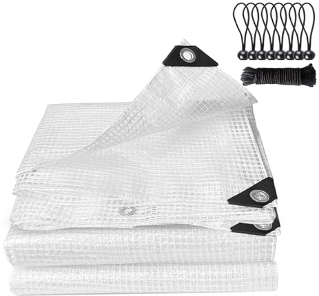 Clear Tarpaulin Waterproof Heavy Duty Greenhouse Grid Tarpaulin Outdoor Polythene Plastic Sheeting 140GSM Transparent Tarp Cover With Eyelets For Protection Plant Garden Furniture Firewood (5m x 5m)