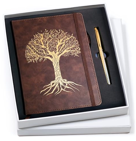 Veway Ensemble journal et stylo en cuir végétalien, carnet arbre de vie, journal d'écriture ligné A5 avec 224 pages, index et boîte cadeau prête à être offerte