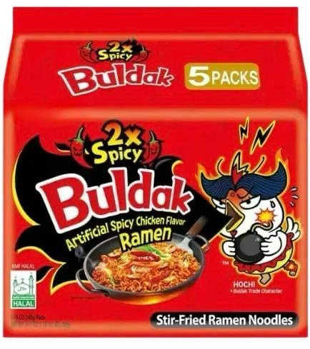 Buldak Hot Double (2x Spicy) Stir-Fried Ramen Chicken Flavour Ramyun Noodles 140g (Pack of 5)