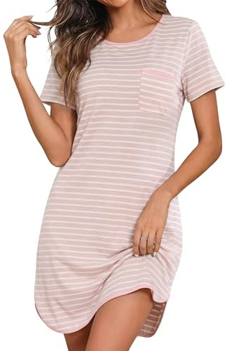 Demegimi Nattlinne damer kortärmad sovskjorta bomull sommar nattkläder rund hals ränder sovskjorta S-XXL, ROSA, XL