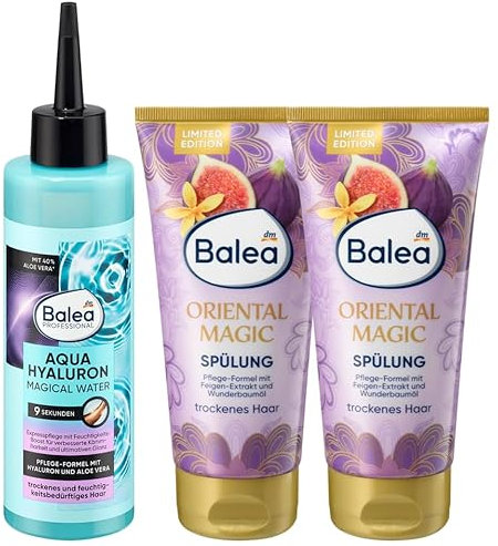 Balea 3er-Set-Haarpflege: Professional Magical Water AQUA HYALURON Extra-Feuchtigkeit mit 40% Aloe Vera, verbessert Kämmbarkeit, verleiht Glanz, 200 ml + Spülung ORIENTAL MAGIC, 2 x 200 ml (600 ml)