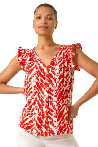 Roman Sleeveless Shirt for Women UK Ladies Blouse Top Button Through Summer Smart Casual Work Cocktail Party Office Holiday Special Occassion Evening Going Out - Red Ivory - Size 10