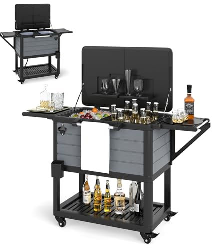 SOARS - Refrigerador con ruedas (91 L, barra exterior móvil, 83 x 50 x 85 cm, con separador extraíble, 2 estantes laterales plegables, 4 ruedas universales, para jardín, terraza, piscina