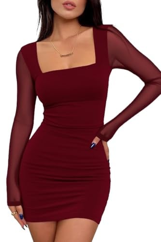 ELFIN Women's Sexy Bodycon Mini Dress Ruched Mesh Long Sleeve Square Neckline Club Party Short Dresses Wine