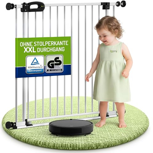 Bomi Treppenschutzgitter Merle Flatstep, Breite 129-137 cm | Türschutzgitter ohne Bohren, stabile Kindersicherung für Kind & Hund, TÜV geprüftes Hundegitter, Türgitter, Treppengitter, Metall Weiß