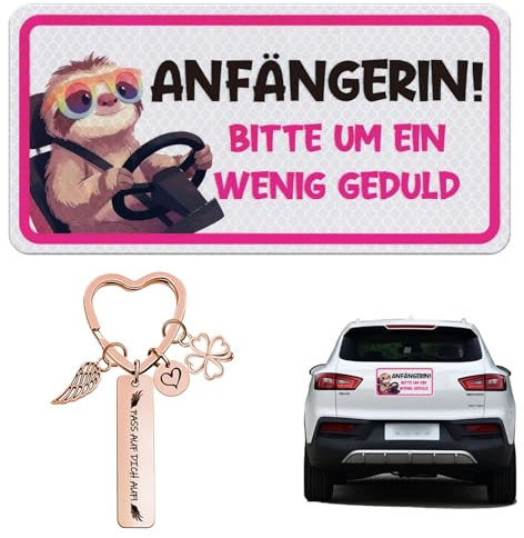 Fahranfänger Magnetschild (20x10cm) Und Ein Schlüsselanhänger,Anfänger Schild Auto,Lustiges Fahranfänger Schild Mit Spruch & Witzigem Motiv,Geschenk Für Einen Fahranfänger