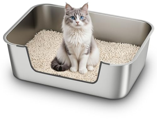 Stainless Steel Cat Litter Tray with Low Entry, Metal Cat Litter Box for Senior or Injured Cats, XXL Large Cats Toilet for Small Large Pets, Odour-Free, Non-Stick, Easy to Clean, 23.4L×15.6W×7.8H