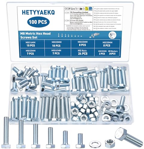100 Pcs M8 Hex Bolts and Nuts Set, Machine Screws Assorted Nuts and Bolts Set with Washers, Nut and Bolt Assortment for Repair Maintenance and DIY