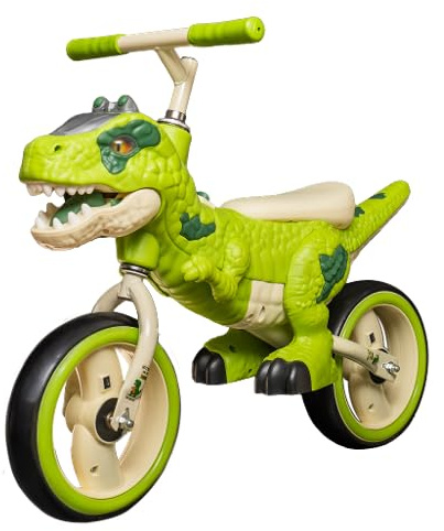 Dino Driver Dinosaurier Laufrad mit leuchtenden Augen, LED-Reifen & Dino-Geräuschen und Melodien, Kinder Spielzeug Laufrad ab 2-5 Jahre, Rosa oder Grün (Grün)