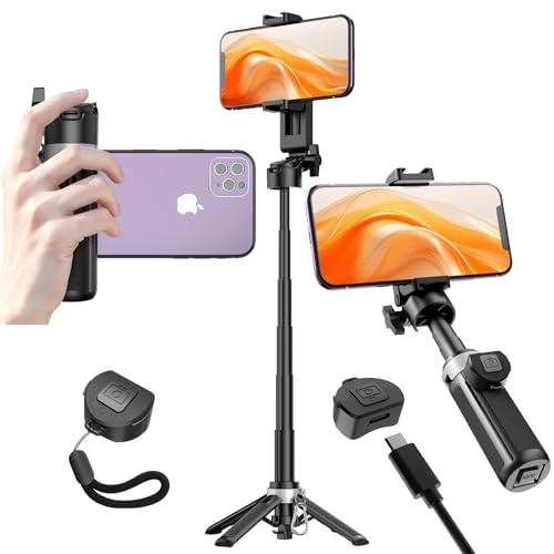 Mini Selfie Stick Tripod，Desktop Phone Tripod Stand with Wireless Remote | for iPhone Samsung Portable Extendable Smartphone Selfie Stick for Travel,Content Creation,Vlog- Black