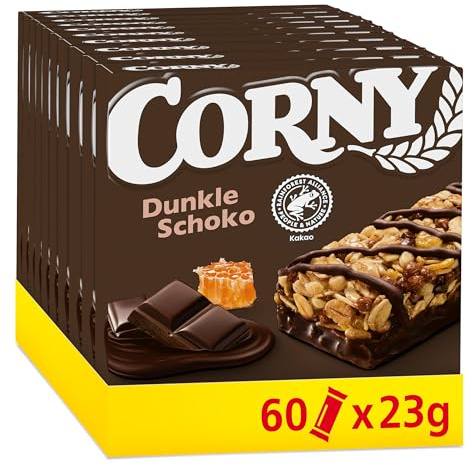Müsliriegel Corny Dunkle Schoko | Mit Zartbitterschokolade | 60 x 23 g | Super Snack für Schule, Büro, Freizeit & zwischendurch| Wertvolles Getreide | Ohne Farb- & Konservierungsstoffe | Vorratspack