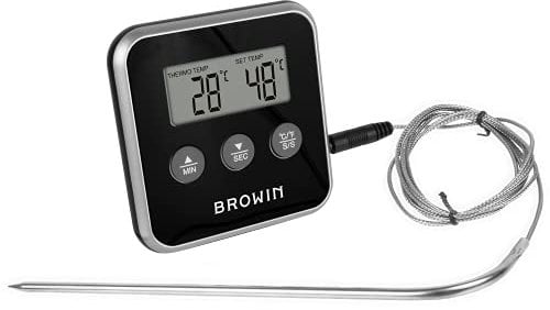 Browin 185800 Lebensmittel-Thermometer mit Sonde aus Rostfreiem Stahl - 1,5 m, von 0 bis 250°C, Timer, Alarm, Elektronische Anzeige, zum Kochen, Räuchern, Backen, Schwarz