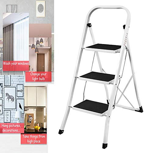Leiter mit 3 Stufen, robuster Stahl, zusammenklappbar, tragbar, Küchenhocker mit Anti-Rutsch-Matte, ideal für Zuhause/Küche/Garage/Büro/Markt/Garten, Schwarz