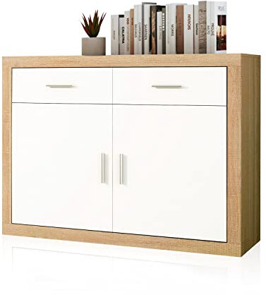 duehome | Mueble Aparador 2 Puertas + 2 cajones, Buffet para Cocina y Comedor, Modelo Nuka, Acabado en Color Cambria y Blanco, Medidas: 120 cm (Largo) x 41,4 cm (Fondo) x 90,2 cm (Alto)