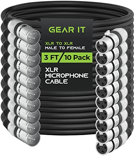 GearIT XLR to XLR Microphone Cable (3 Feet, 10-Pack) XLR Male to Female Mic Cable 3-Pin Balanced Shielded XLR Cable for Mic Mixer, Recording Studio, Podcast - Black, 3ft, 10 Pack