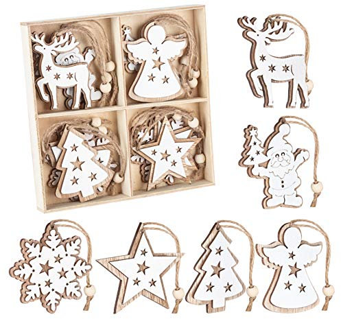 Adorfine - 12 decorazioni per albero di Natale, in legno, a doppio strato, per albero di Natale, decorazione (bianco)